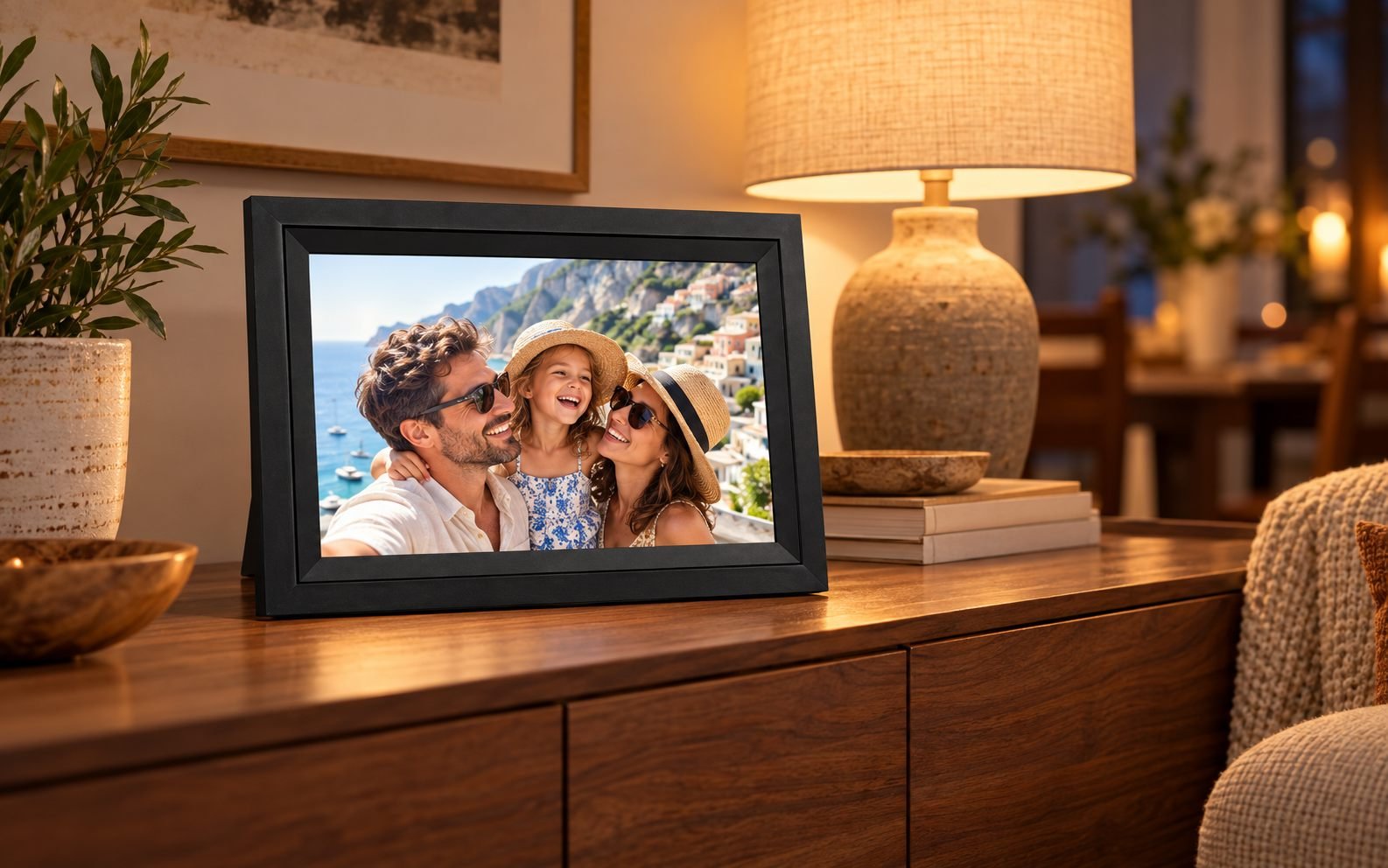 SAMMIX AW105 digital picture frame in a warmly lit home